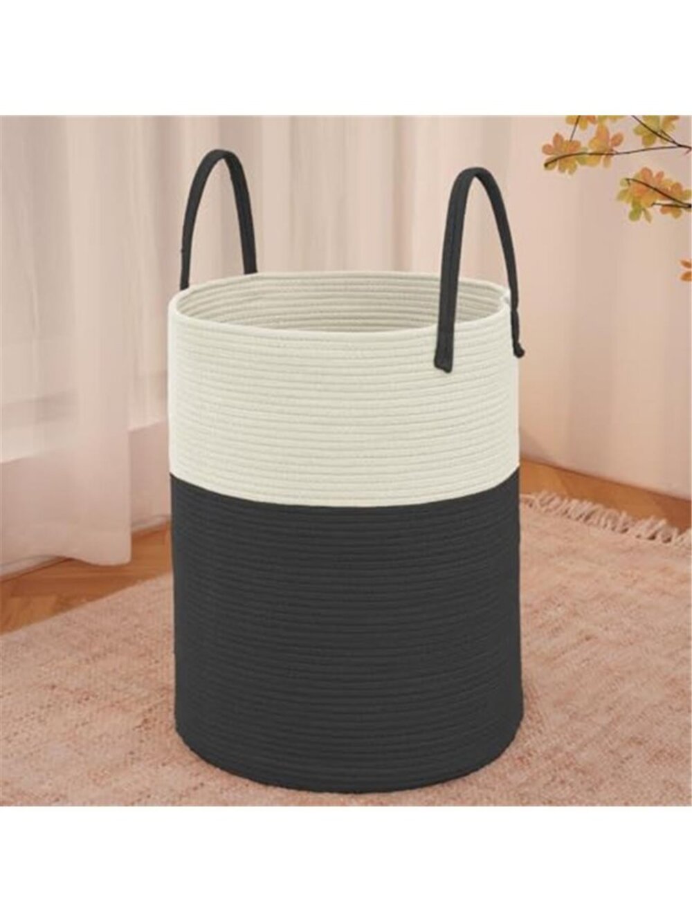 New 60L Cotton Rope Laundry Basket Hamper, White and Black